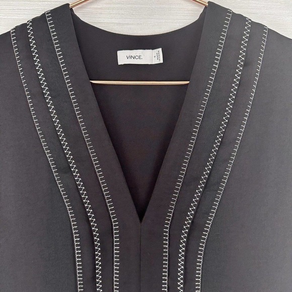 Vince Black Shift Dress Size 4 Cap Sleeve V-Neck Embroidered Pleated Front - Picture 6 of 16